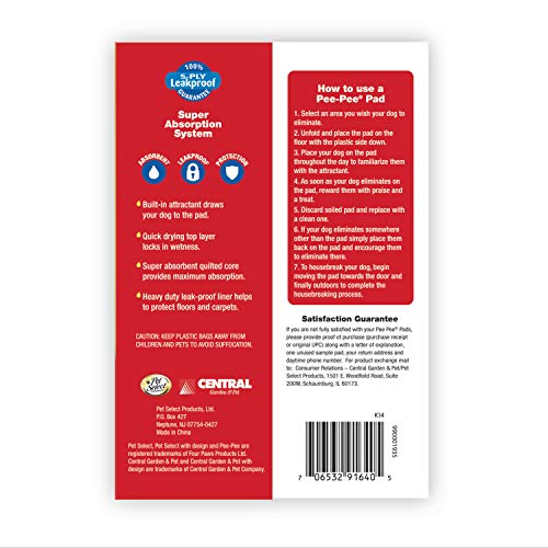 Image of Four Paws Pet Select Pee Pee Pads for Dogs and Puppies, 100 Count, 22 inch x 22 inch (Pack of 3), White, Polymer, Paper, Cotton