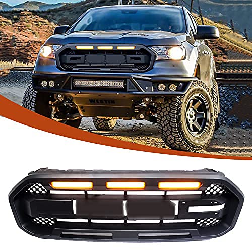 Generic1 TZD Ranger Raptor Style Grille Compatible with Ranger 2019 2022 2021, Matte Black Ranger Grill with 4 Letters (With Amber LED Lights)
