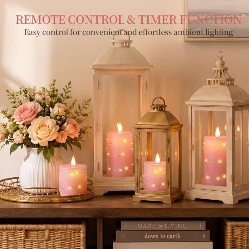Image of Homemory Pink Flameless Candles with String Lights, Set of 3 Battery Operated LED Pillar Candles with 3D Flickering Wicks, 11-Key Remote Control and Timer for Wedding, Valentine's Day and Home Decor