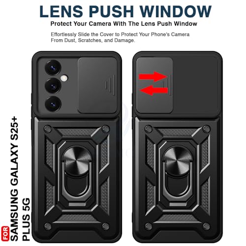 Image of AESTMO Tough Armor Samsung Galaxy S25 Plus 5G Bumper Back Case Cover | Ring Holder & Sliding Camera Cover | 360 Degree Protection Back Case Cover (Black)