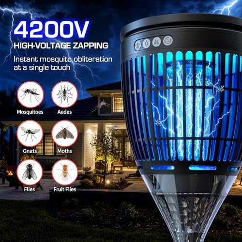 Image of Solar Bug Zapper Outdoor, Mosquito Zapper with Flame & Projector Light | Auto On /Off, Waterproof Cordless Mosquito Trap Solar Powered, 4200V Electric Fly Zapper Killer for Patio Yard Camping Garden