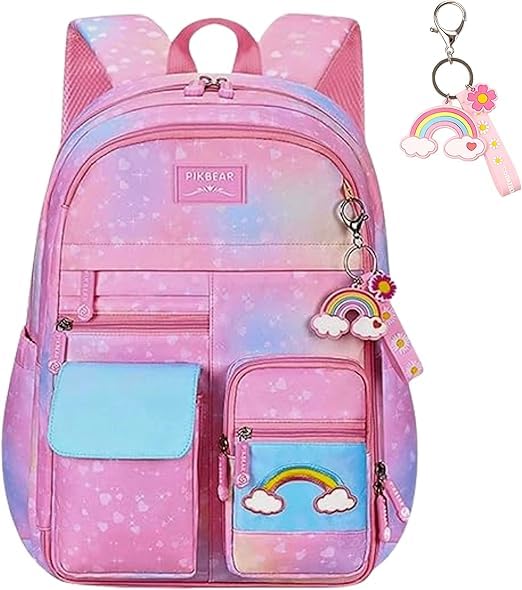 Mochila Escolar Infantil Menina Impermeável 41cm – Mochila Feminina Infantil Reforçada com Compartimentos, Abertura 180°, Multi Bolsos, Leve para Escola, Passeio e Viagem (Arco-Íris Rosa)