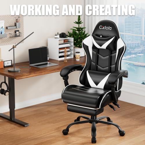 Image of Czlolo Gaming Chair with Footrest Racing Style Lumbar Support Massager Video Game Chair with Metal Legs, High Back Reclining Gamer Chair with Headrest, 360 Swivel Office Computer Desk Chair (White)