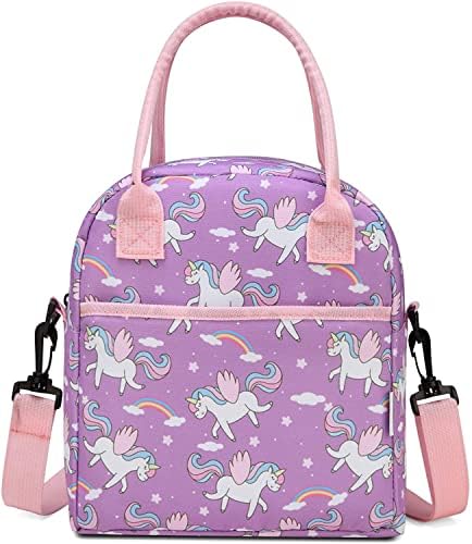 VASCHY Lunch Bag for Kids, Insulated Thermal Lunch Box Bag for Girls Water Resistant Portable Toddler Lunch Cooler Bag with Detachable Shoulder Strap for School, Kindergarten, Picnick(Purple Unicorn)