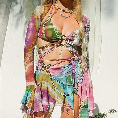 Women Y2k Ruffle Butterfly 2 Piece Outfit Sexy Fairy Backless Crop Top Wrap Mini Skirt Set Rave Festival Matching Set2