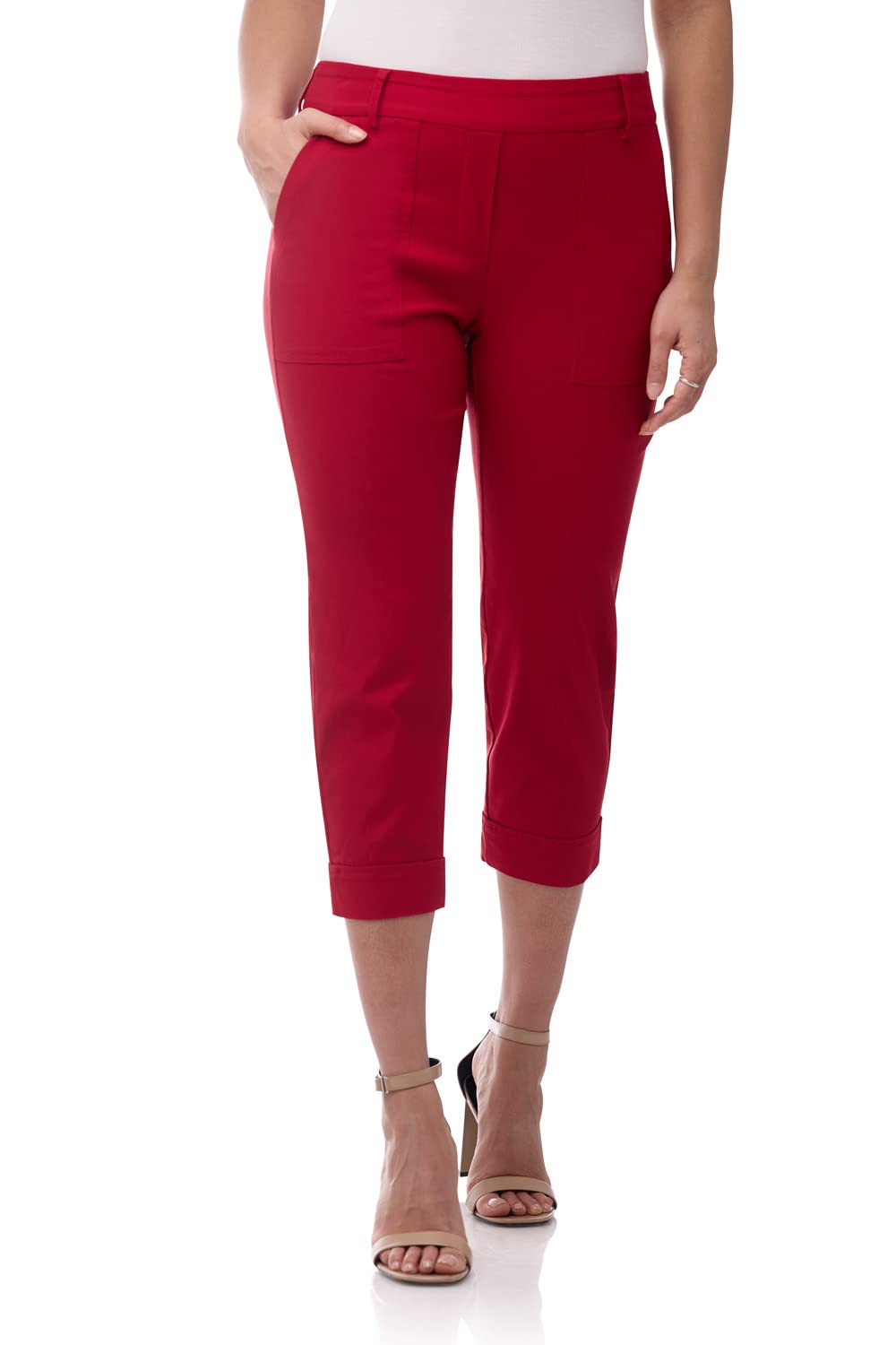 Rekucci Womens EcoCosy Pull-On Cargo Crop Pants Mid-Rise Stretch Fit with Pockets Cuffed Hem for Daily Comfort