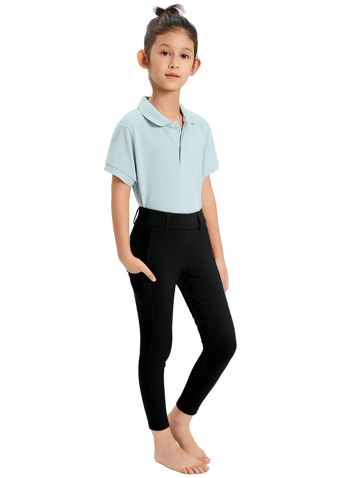 Leggings de equitación para niña con ribete completo de silicona, elásticos, para niños y niñas, con trabillas para cinturón, bolsillo lateral