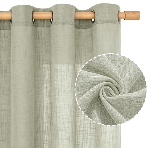 Image of LAMIT Sheer Linen Curtains 63 Inch Length for Bedroom, Faux Linen Textured Light Filtering Neutral Bronze Grommet Window Treatment Drapes for Living Room, 2 Panels, 52 x 63 Inch, Sage Grey