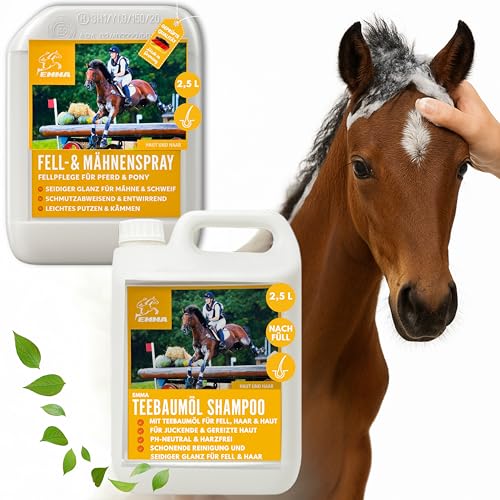 Mähnenspray & Teebaumöl Pferdeshampoo 2x2,5 l Pferdepflege-Set für Fell, Mähne & Schweif – Glanzspray & Entfilzung für Pferde – pH-neutrales Shampoo gegen Geruch Juckreiz – Fellpflege für Pferd Hund