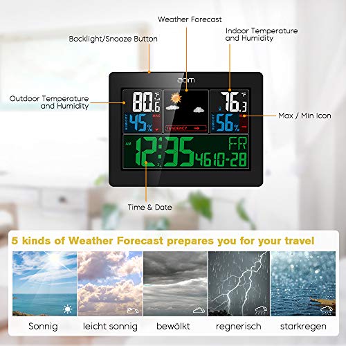 Weather Station Wireless Indoor Outdoor Weather Instruments with Color LCD Screen Thermometer and Moisture Alarm Clock Temperature and Humidity Monitoring for Home and Office