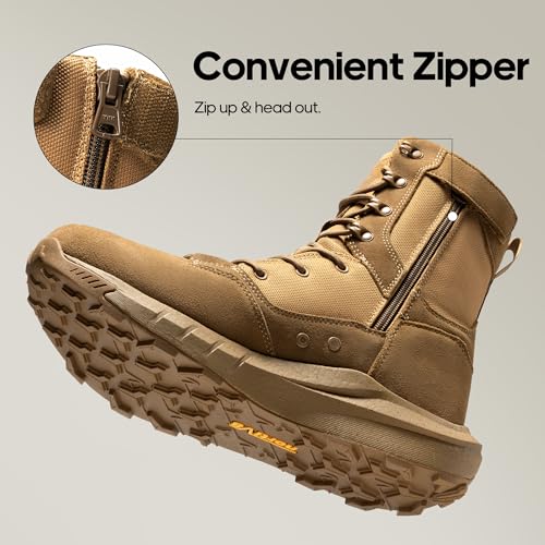 NORTIV 8 Men's Breathable Military Tactical Combat Boots Side Zipper Arch Support Leather Lightweight Motorcycle Work Hiking Boots 8 Inches DesertStorm,Size 11,Coyote,NMUMMT2501