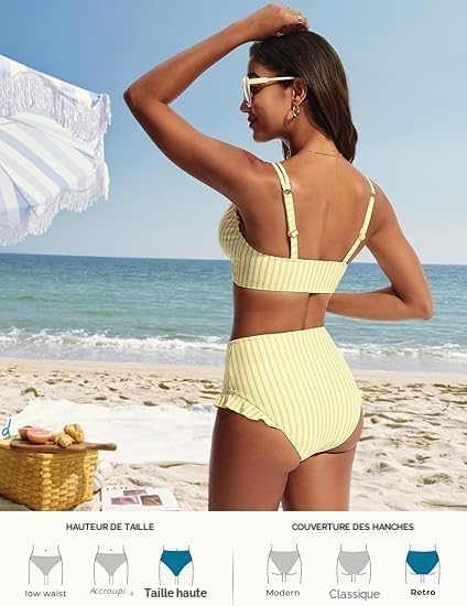 Hanna Nikole Ensemble bikini pour femme, volants mignons, col en V sexy, effet push-up, bas taille haute, double bretelles