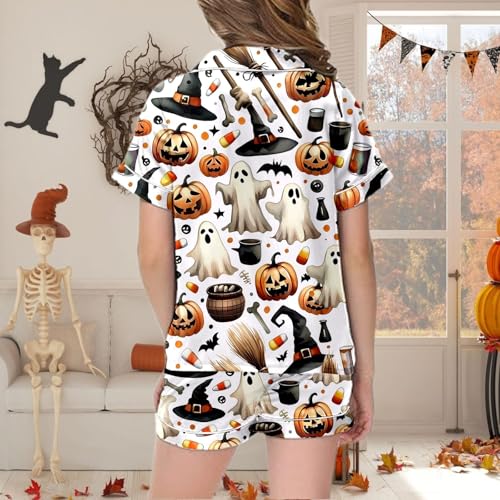 Girl Halloween 𝑷𝙖𝙟𝙖mas Set Spooky Ghost Pumpkin Print 𝑷𝙟𝙨