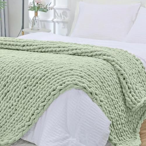 Bigacogo Chunky Knit Blanket Throw 40'x60', 100% Hand Knitted Chenille Throw Blanket, Soft Thick Yarn Cable Knit Blanket, Cute Rope Knot Crochet Throw Blankets for Couch Bed Sofa (Sage Green)