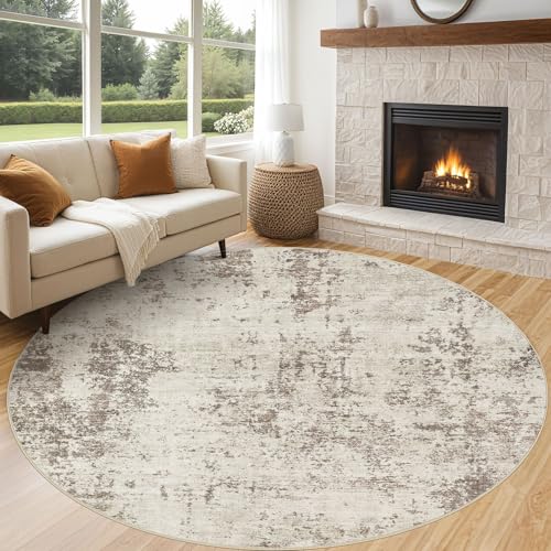 8ft Round Area Rug Living Room Rugs - 8x8 Washable Neutral Modern Abstract Soft Thin Rug Indoor Floor No Slip Rug Carpet for Bedroom Under Dining Table Home Office Decor - Dark Brown