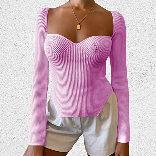 Image of Women's Square Neck Ribbed Knitted Sweater Long Sleeve Crop Slim Fitted Basic Pullover Tops