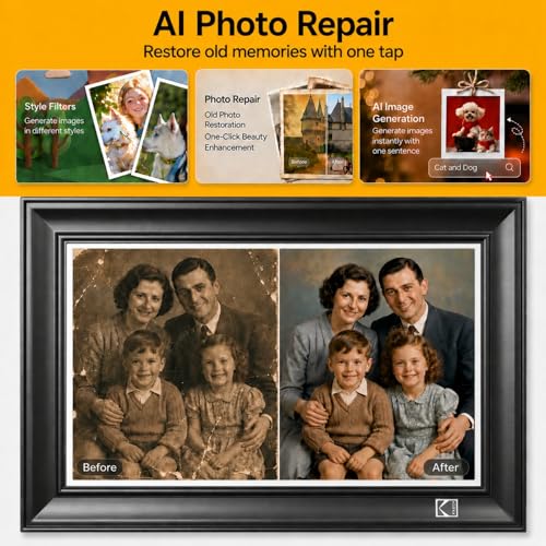 Image of KODAK 10.1 Inch WiFi Digital Picture Frame, 32G 1920x1200 FHD Touch Screen Smart Photo Frame with Premium Wood, WiFi 6, AI Photo Art, Easy Photo Transfer via APP /Email /USB /SD Card