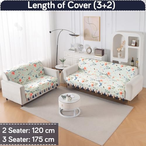 Image of HOKIPO 5 Seater Sofa Cover with Tassel in 3+2 Configuration | Full Protection for Seat and Back | Printed Holland Velvet Fabric | 'Whispers of Nature' | Pastel Butterfly Meadow (IN-1127+1126-D2)