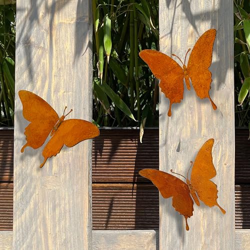 Natrlart Metal Butterfly Wall Decor Outdoor – Rustic Garden Decor for Fences, Patio & Indoor | Set of 3 Handcrafted Antique Butterfly Outdoor Garden Art