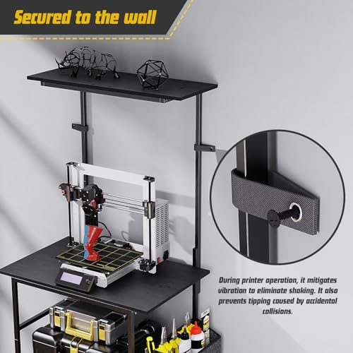 3D-printerstandaard 5-laags met filamentopslag en zijzak, stevig metalen frame, houten planken, muurbevestiging, zwart - Afbeelding 5