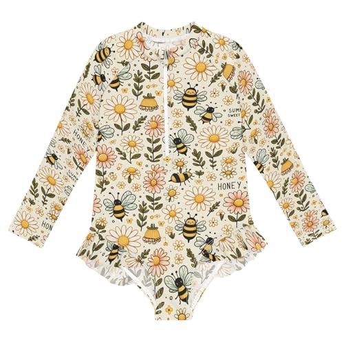 Cute Bee Honey Flower Girls Long Sleeve Swimsuit Rash Guard One Piece Bathing Suits Zipper 3-12T