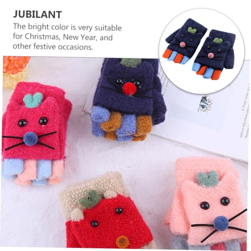 1pair Cute Cartoon Half Finger Gloves for Boy Girl Warm Knitted Mitts Cover for Outdoor Activities for School Cycling and More Cat Design2