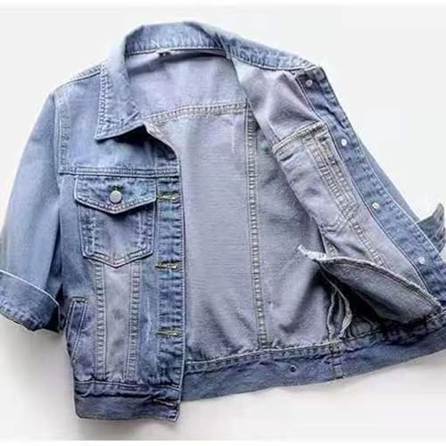 Women'S 3/4 Slim Sleeve Denim Jacket Lapel Basic Button Down Trucker Colored Cropped Jeans Jacket Boyfriend Washed Coat3