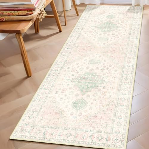 MUJOO Washable Runner Rug 2x6 Area Rugs Low Pile Non Slip Pink and Green