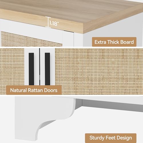 GarveeHome 4-Door Sideboard Buffet Cabinet, Natural Rattan Storage Cabinet, Boho Entryway Console Table, Coffee Bar Station for Dinning Room, Living Room, Kitchen, White