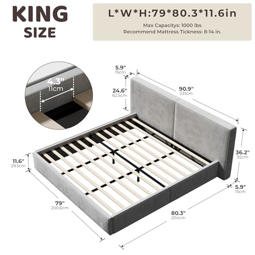 Image of RECCI King Platform Bed Frame with Plush Upholstered Headboard 6-Inch, Easy Assembly, Noise-Free Stability (Dove Gray, King (U.S. Standard))