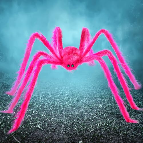Image of JOYIN Halloween Spider Decorations Outdoor, 5 Ft Giant Neon Colored Pink Spider with Green Eyes for Yard Lawn Garden Halloween Outside Decor, Indoor Haunted House Prop and Party Decor Home