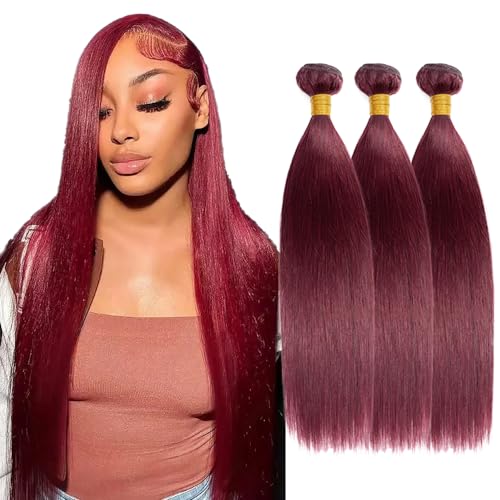 #99J Burgundy Bundles Human Hair Straight Bundles 26 28 30 Inch Wine Red Straight Bundle Human Hair Extensions Unproceesed Virgin Hair 50 Gram Per Bundle 3 Bundle For Black Women