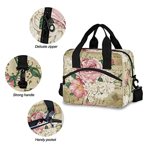 Orezi Lunch Bag For Girls Women,Vintage Shabby Chic Pink Rose Floral Lunch Box Container With Detachable Shoulder Strap,Insulated Lunch Coolers For School Office #TOP3
