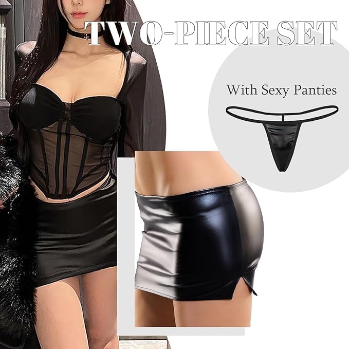 Ladies Mini Patent Leather Skirts, Sexy Short A-line Skirts, Sex Leather Skirts Party & Club Costumes Black - Image 2