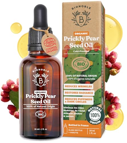 BIONOBLE Organic Prickly Pear Seed Oil, Cold-Pressed, 100% Pure, Hexane-Free - Moroccan Prickly Pear Oil for Face - Anti-Ageing, Reduces Wrinkles and Dark Circles - Glass Bottle with Pipette - 30ml