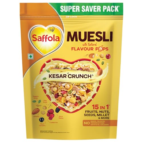 Saffola Muesli Kesar Crunch with Flavour Pops, 700 gm | 15 in 1 Fruit and Nuts, Seeds, Millet & more | Cereals for breakfast rich in wholegrain, protein, fibre (B0CWLP15LD) Amazon Price History, Amazon Price Tracker