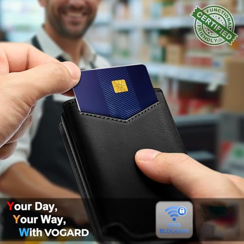Image of VOGARD RFID Blocking Pop-Up Wallet for Men | Slim Leather Bifold Wallet with Metal Card Holder, Magnetic Flip, ID Window & Cash Pocket | Holds 10 Cards Black