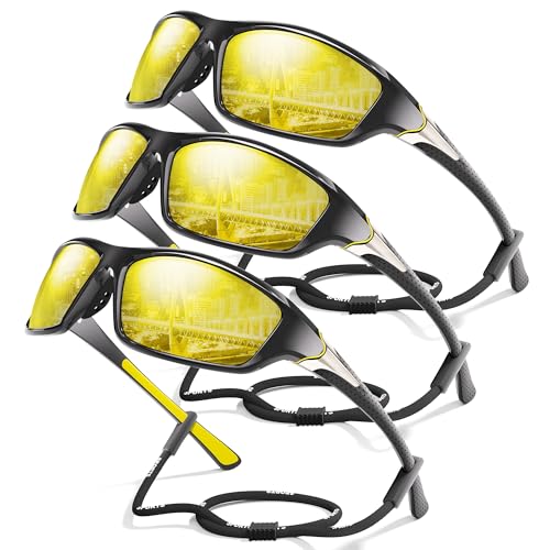 3 Pack Polarized Sports Sunglasses for Men, Mens Sunglasses Wrap Around UV Protection for Cycling Fishing Driving A09-yellow/Yellow/Yellow
