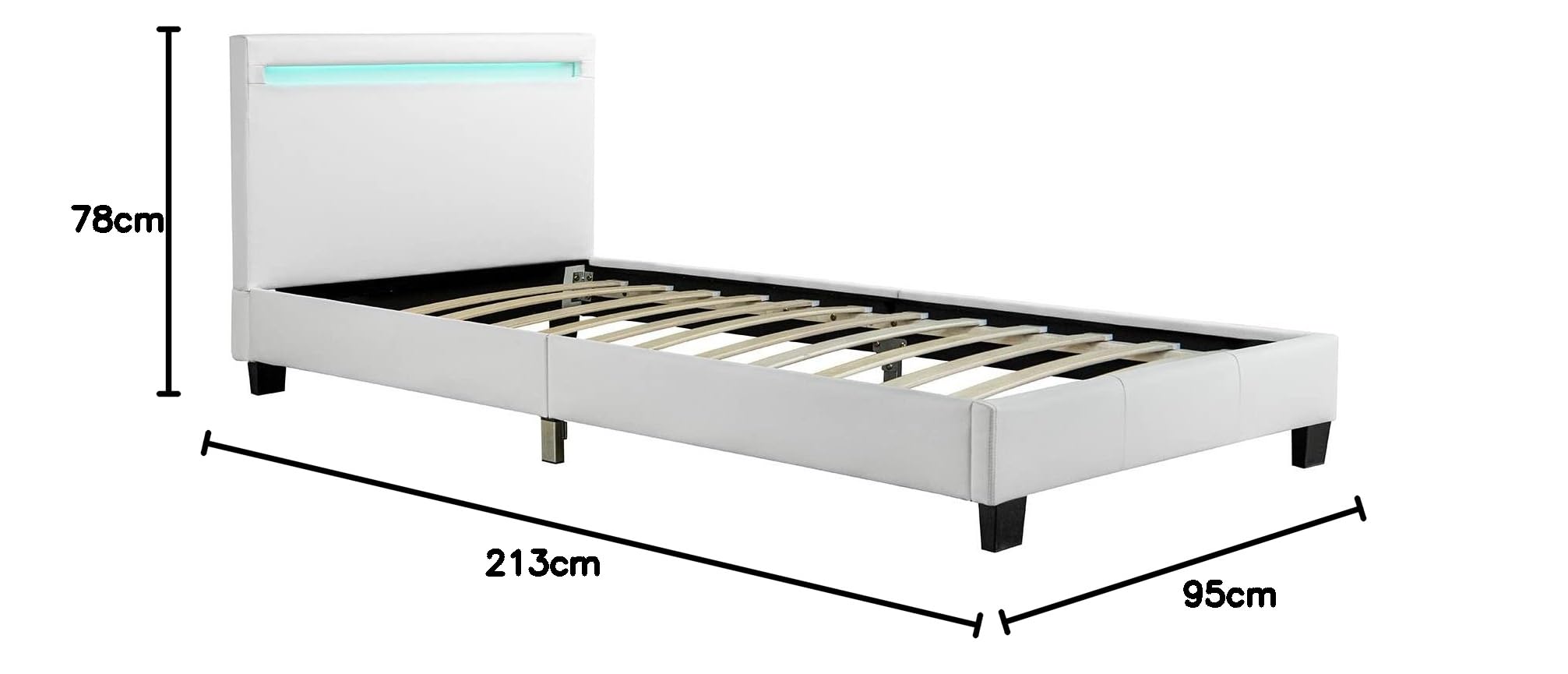 Juskys Paryż 90 x 200 cm łóżko tapicerowane ze stelażem listwowym, oświetleniem LED i zagłówkiem, obicie ze sztucznej skóry, rama łóżka dla dorosłych i młodzieży, dla 1 osoby, białe