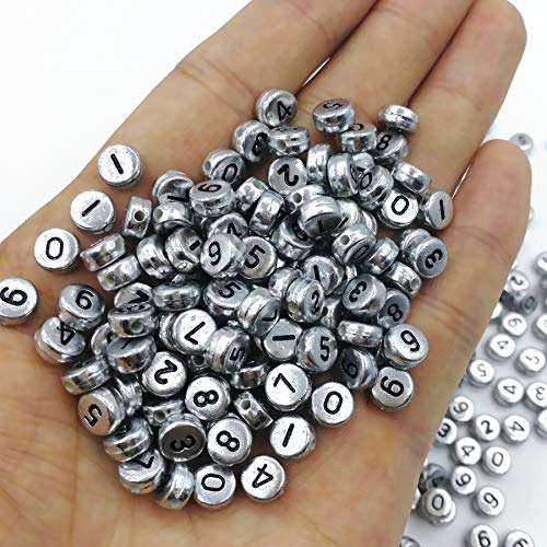 Image of Amaney 500pcs Silver Acrylic Number Beads 7x4mm Mixed Number Beads Acrylic Plastic Round Shape Loose Beads