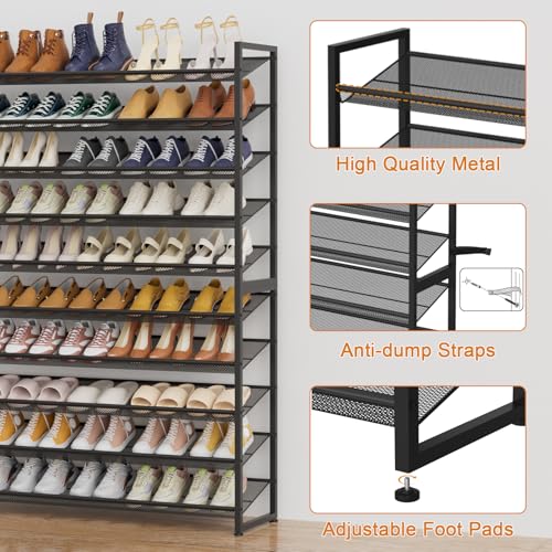 Image of Large Shoe Rack 10 Tier Shoe Organizer, Heavy Duty Metal 5-Tier Stackable Shoe Storage Vertical Shoe Rack for Closet Front Door Entrance, Up to 62 Pairs, 44.8 inch W x 11.4 inch D x 71.2 inch H, Black