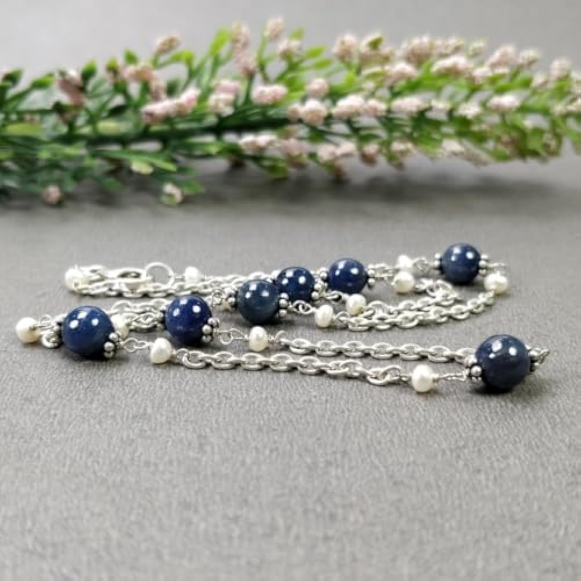 Natural Untreated Blue Sapphire & White Pearl Necklace