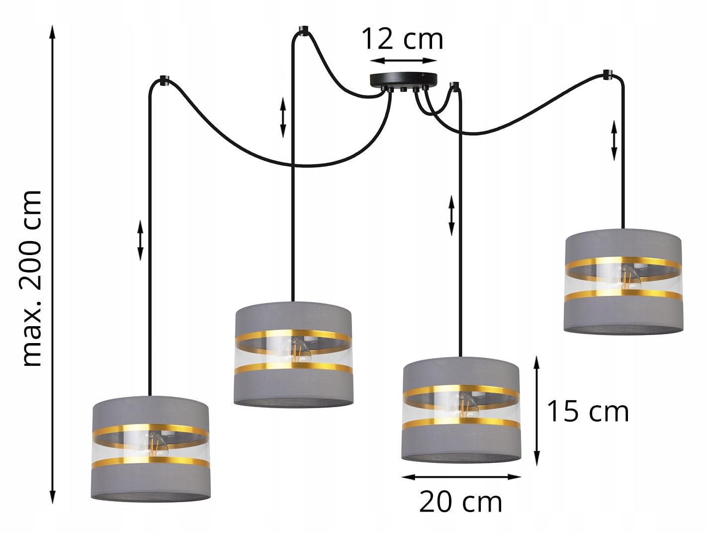 Light-Home Spider Elegance Deckenleuchte Pendelleuchte - Moderner Deckenleuchter für Schlafzimmer Wohnzimmer und Küche im Glamour - E27 mit 4 Lichtpunkten - Lampenschirm Stoff 20cm - Schwarz und Grau