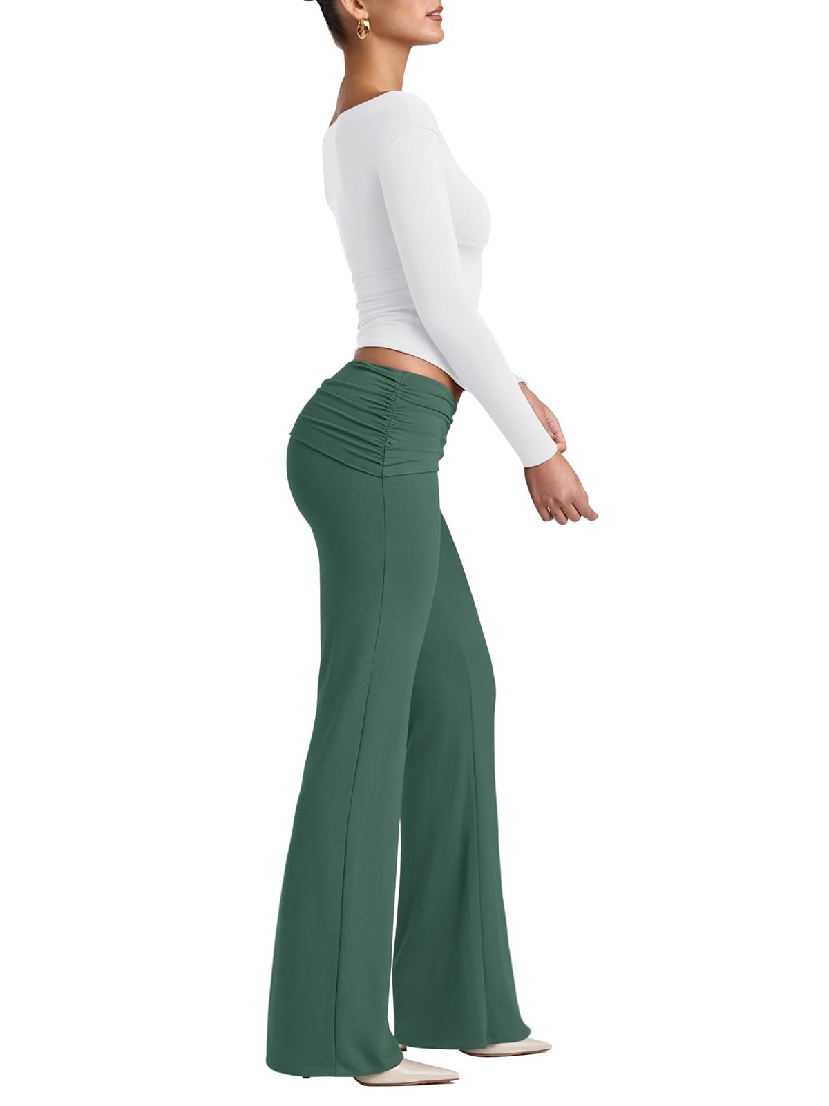 REORIA Leggings da donna, tinta unita, da palestra, da yoga, con gamba larga e elastico in vita, verde, S