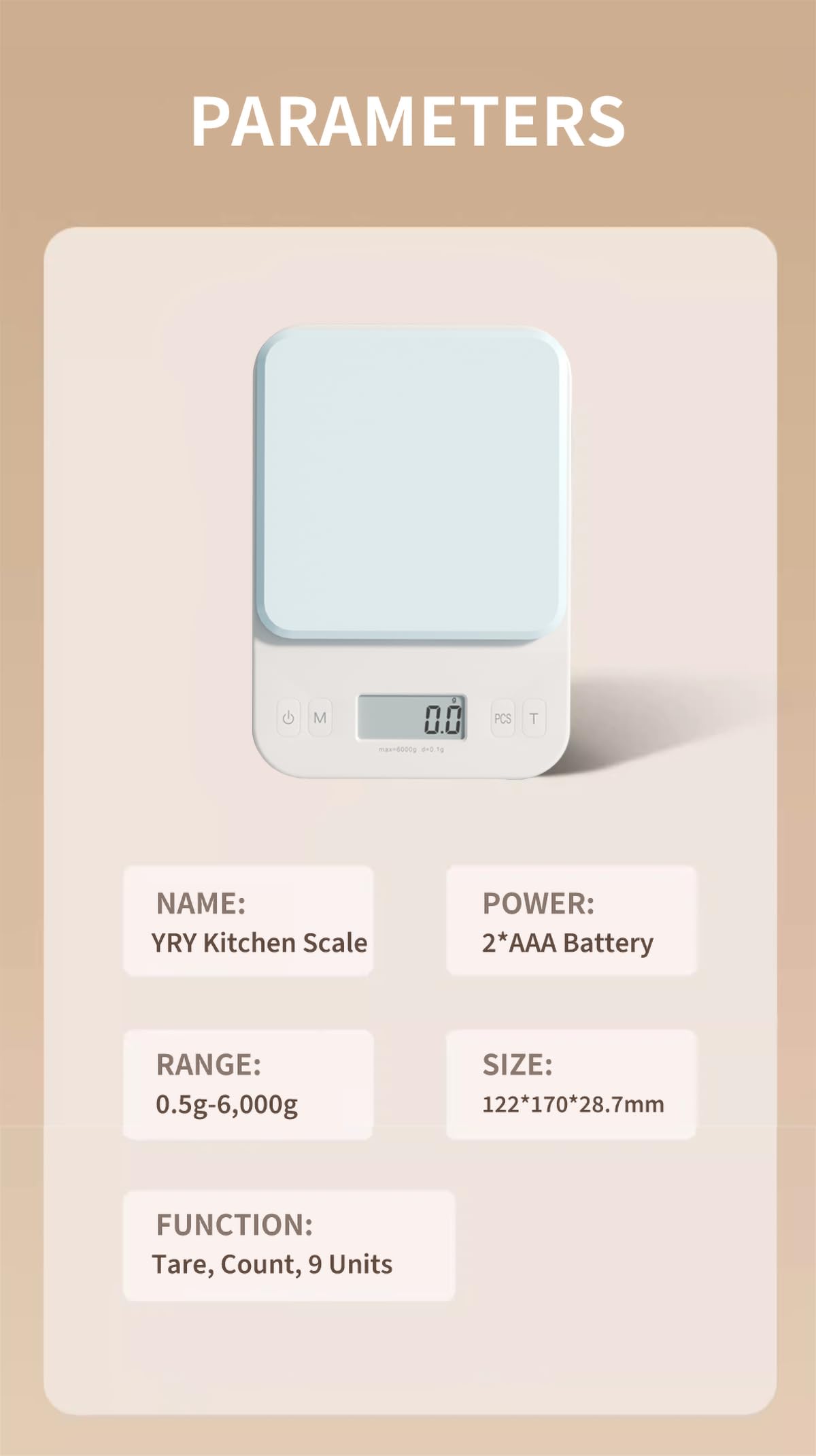 YRY White Elf Pro - Báscula digital de cocina de 6 kg/0,1 g, báscula para hornear ultra precisa con pantalla LCD retroiluminada, función de tara, conversión de 9 unidades, perfecta para café, hornear