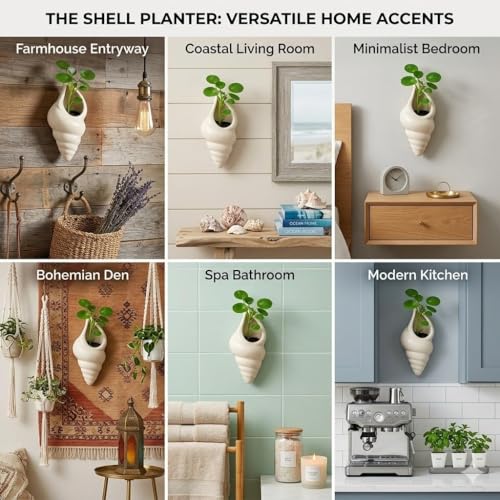 Image of JIYANSH Creation Ceramic Wall Planter Set of 2 - Modern Scalloped Hanging Flower Pot for Indoor Plants Succulents Air Plants - Half Moon Wall Vase (White)