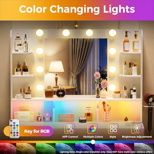 Image of COMHOMA Vanity Desk with Lighted Mirror and Power Outlet, RGB LED Lights Makeup Vanity Set for Girls, Large Storage Capacity Dressing Table for Bedroom, 3 Lighting Modes Adjustable Brightness, White