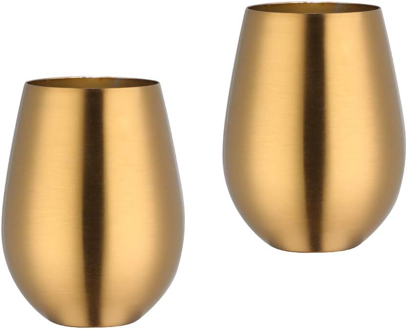 Mingcheng 17 oz Stainless Steel Stemless Wine Glass, Outdoor Portable Wine Tumbler for the Pool, Camping, Cookouts, Travel - Set of 2 Metal Drinking Cups(Gold)