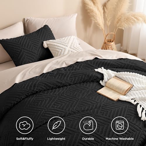 Image of Andency Black Comforter Set Queen, Lightweight Fluffy Bedding Comforter Sets for Queen Bed, 3 Pieces Tufted Farmhouse Shabby Chic Bed Set for All Seasons (1 Comforter 90x90In, 2 Pillowcases)