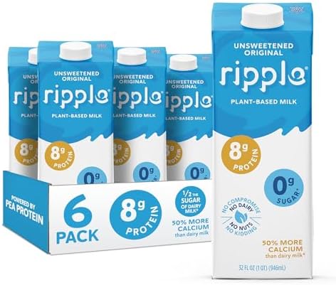 Ripple Unsweetened Original Plant Based Milk | 8g of Quality Sourced Pea Protein, Calcium Rich | Shelf Stable | Vegan, Non GMO | Dairy, Soy, Nut, & Gluten Free | 32 Fl Oz Cartons (Pack of 6)